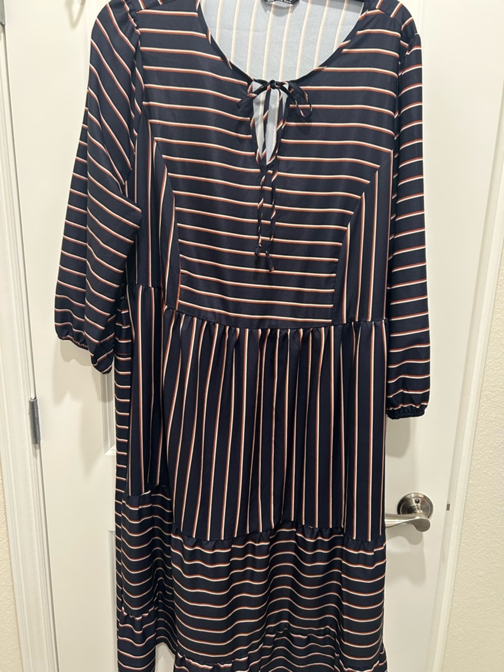 Striped Navy and Blush Tie-Neck Midi Dress